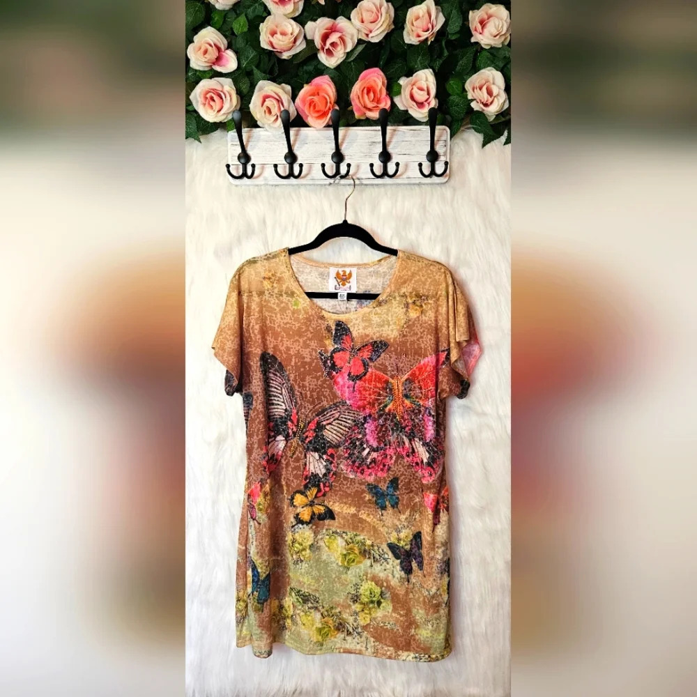 Ameri Mode Yellow Butterflies Bejeweled Vintage Tunic